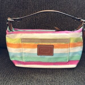 Coach small handbag, brown leather handles, multicolor